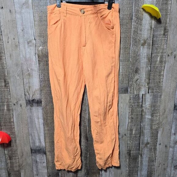 Blank NYC The Baxter High Rise Ribcage Straight Leg Pant Linen Blend Neon Orange - Picture 1 of 4